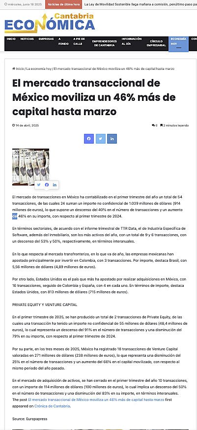 El mercado transaccional de Mxico moviliza un 46% ms de capital hasta marzo